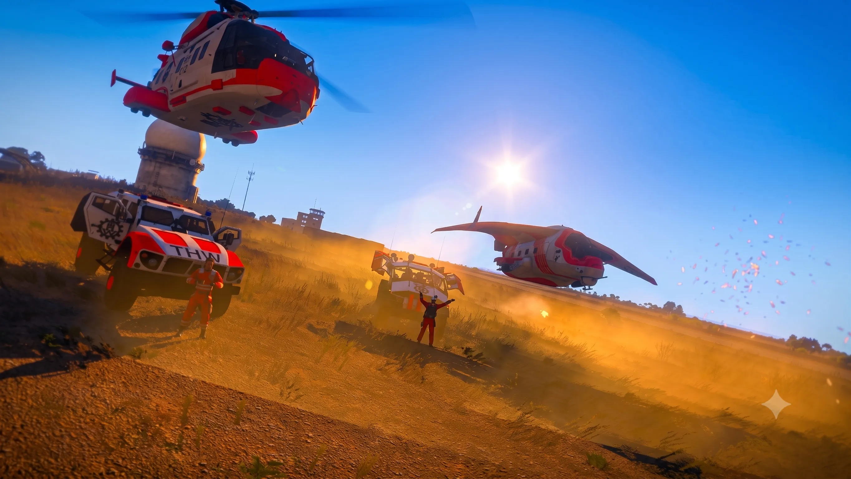 THW-Einsatz auf Altis mit Helikopter, Einsatzfahrzeugen und Landeflugzeug.