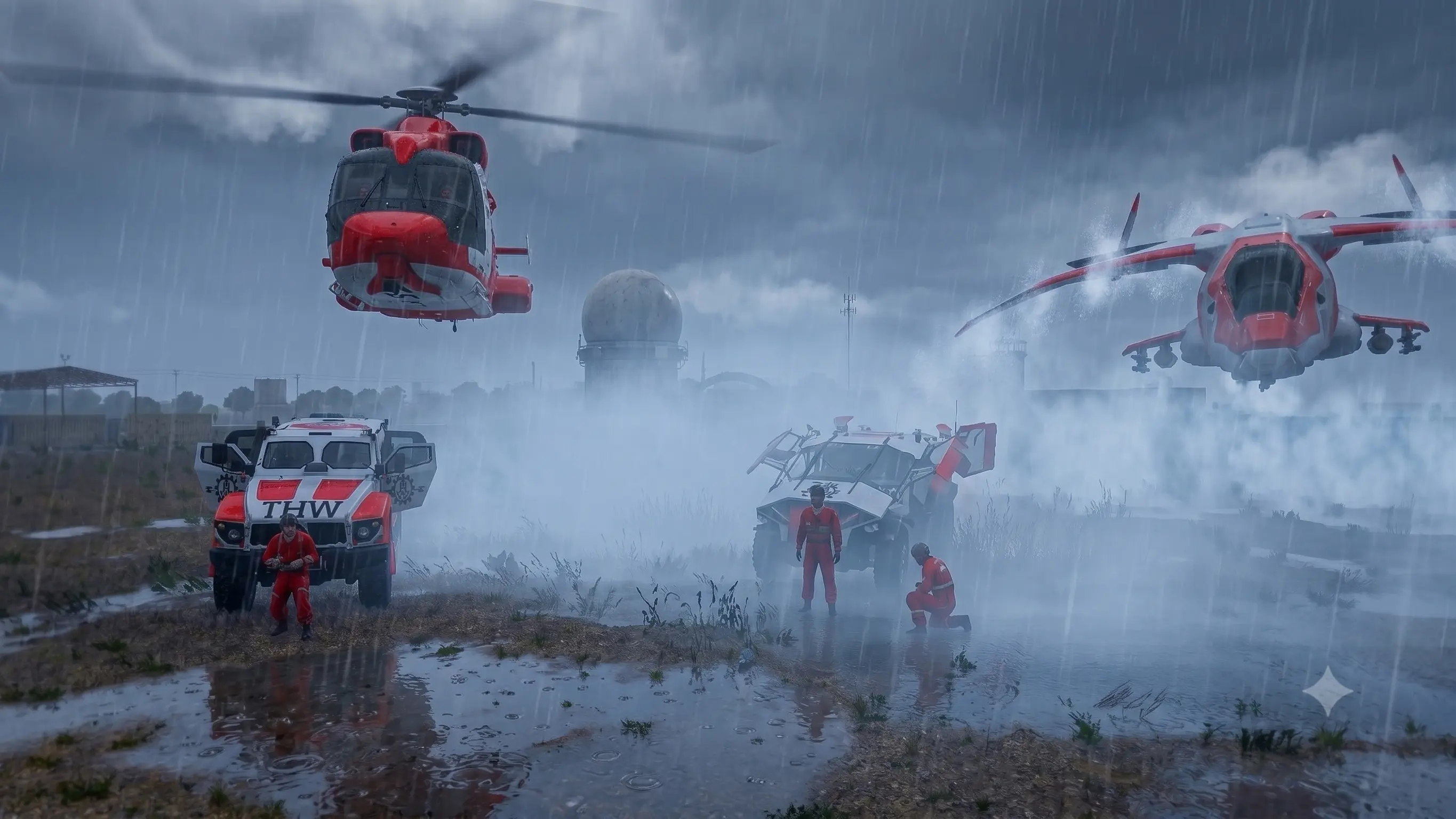 THW-Kräfte bei Regen mit Helikopter und Einsatzfahrzeugen.